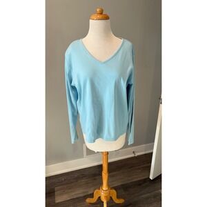 LL Bean Womens Light Blue V-Neck Long Sleeve T-Shirt Cotton Blend Top